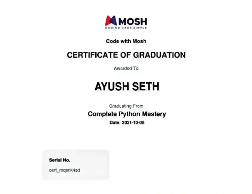 Certificate of Graduation in Complete Python Mastery.