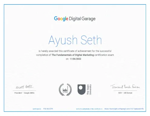 Google Certified in Digital Marketing.