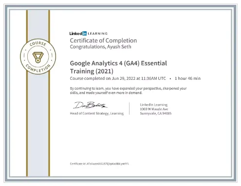 Certified in Google Analytics (GA4)Essential Training.