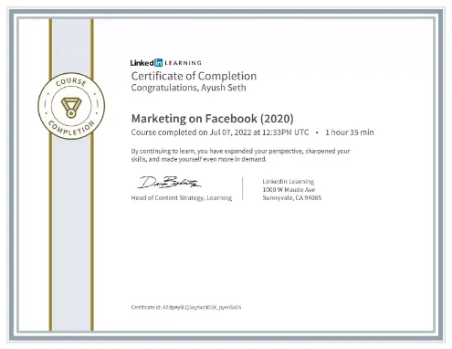 Completed a course in Marketing on Facebook.